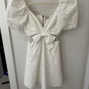Alice + Olivia White Eyelet Puff-Sleeve Mini Dress with Front Bow